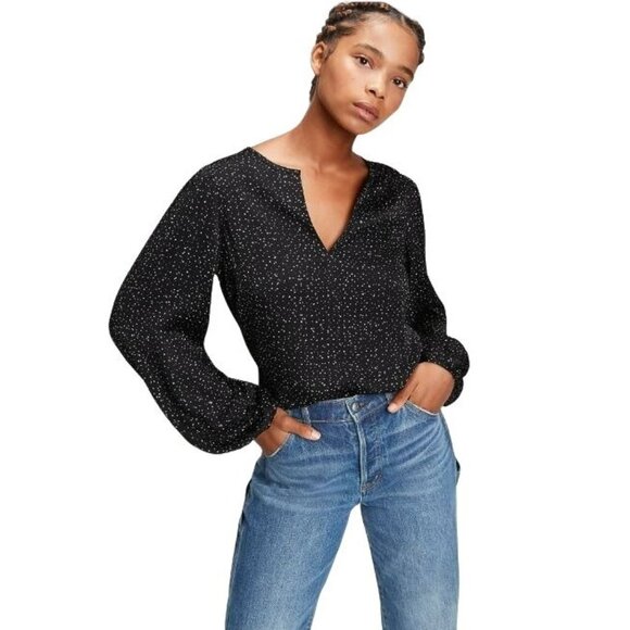 ❤️GAP Womens XS Blouse Split Neck Black White Dot Print Long Sleeve Chiffon New - Picture 1 of 8